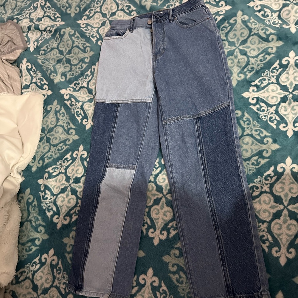 PacSun Blue Straight-Leg Jeans with Unique Patchwork Design